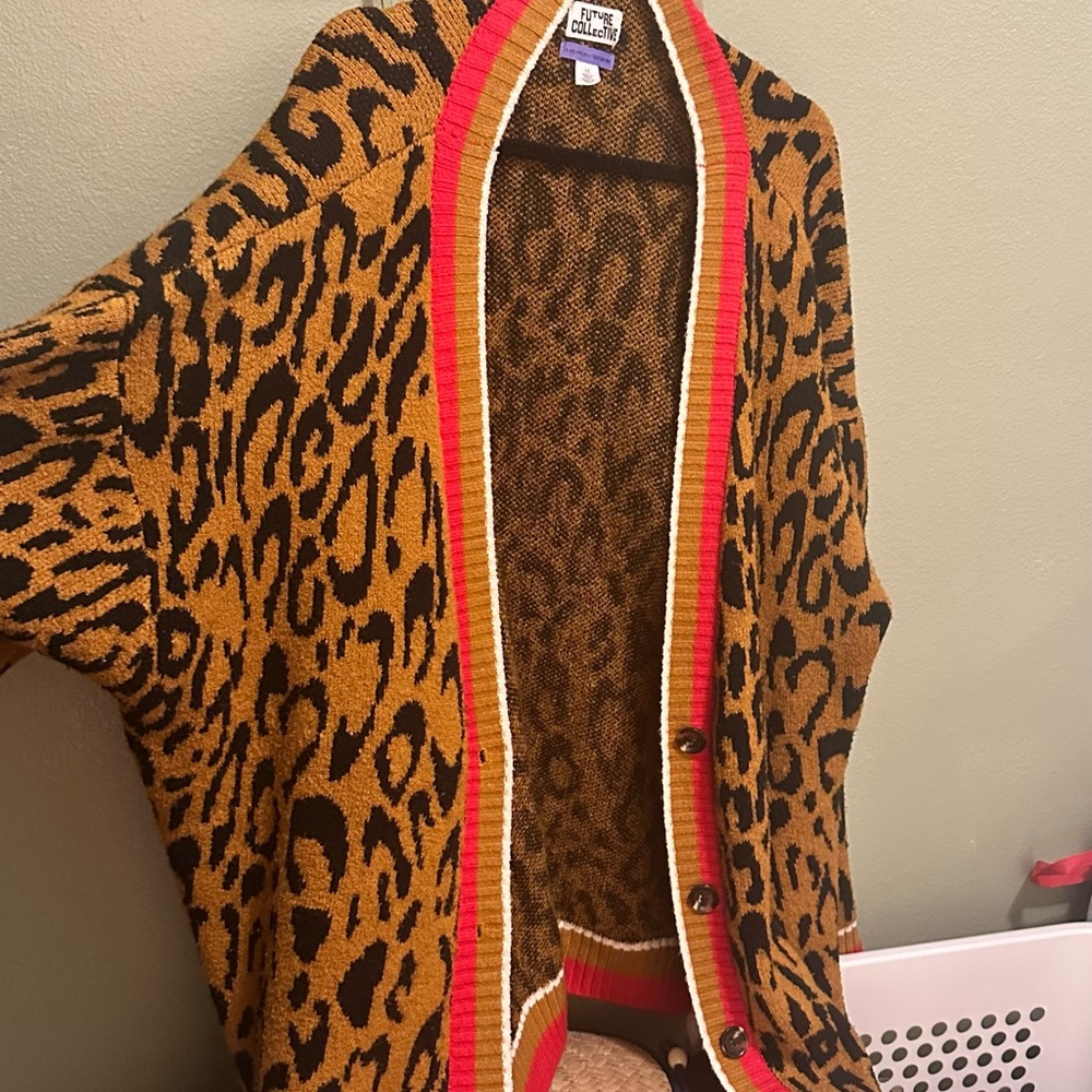 Plus Size Leopard Print Cardigan with Red Trim